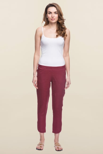 Cottonworld Maroon Solid Linen Pant Cottonworld Maroon Solid Linen Pant
