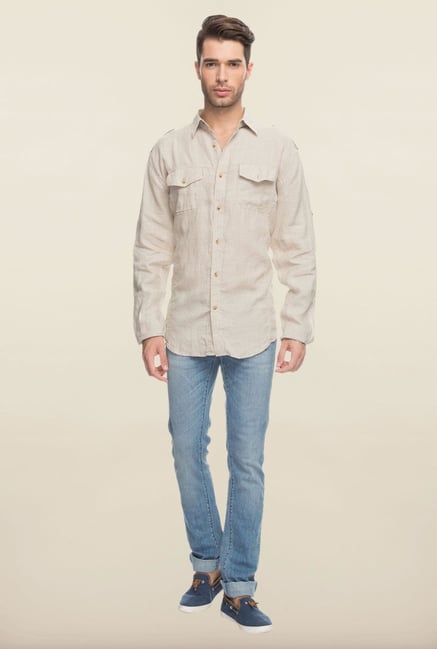 Cottonworld Beige Solid Casual Shirt Cottonworld Beige Solid Casual Shirt