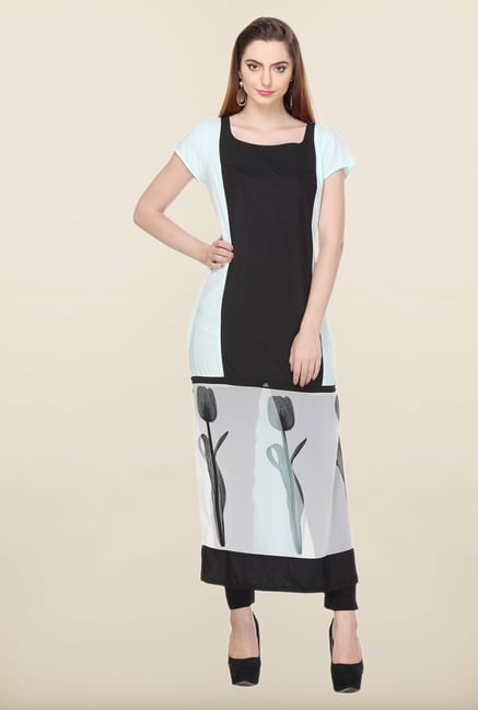 W Black & Sky Blue Tulip Printed Kurta W Black & Sky Blue Tulip Printed Kurta