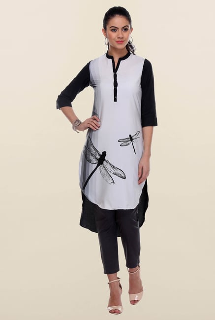 W Black & White Dragonfly Printed Kurti W Black & White Dragonfly Printed Kurti