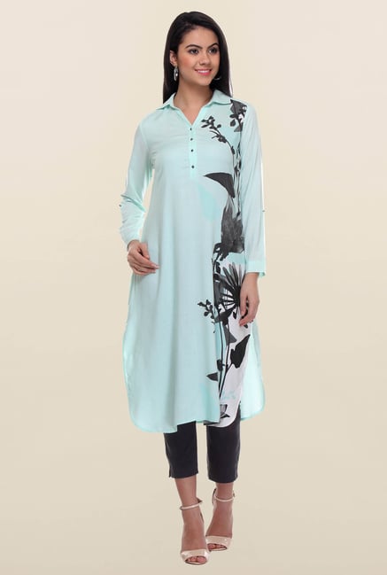 W Sky Blue Floral Printed Kurta W Sky Blue Floral Printed Kurta