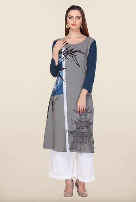 W Grey & Teal Blue Printed Kurta W Grey & Teal Blue Printed Kurta