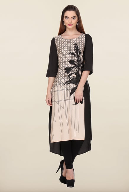 W Black & Beige Floral Printed Kurta W Black & Beige Floral Printed Kurta