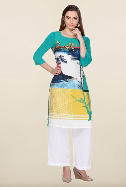 W Turquoise Printed Cotton Kurti W Turquoise Printed Cotton Kurti