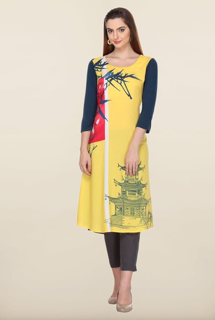 W Yellow & Navy Printed Kurta W Yellow & Navy Printed Kurta