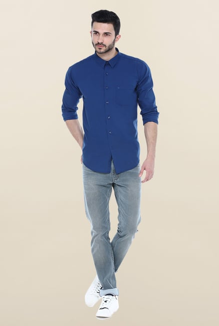 Basics Blue Cotton Slim Fit Casual Shirt Basics Blue Cotton Slim Fit Casual Shirt