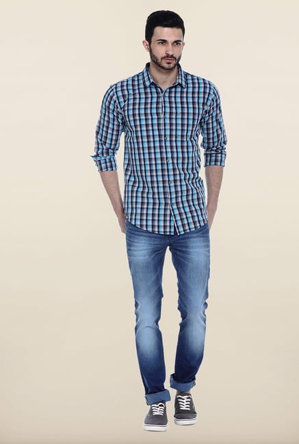 Basics Aqua Blue Checks Casual Shirt Basics Aqua Blue Checks Casual Shirt