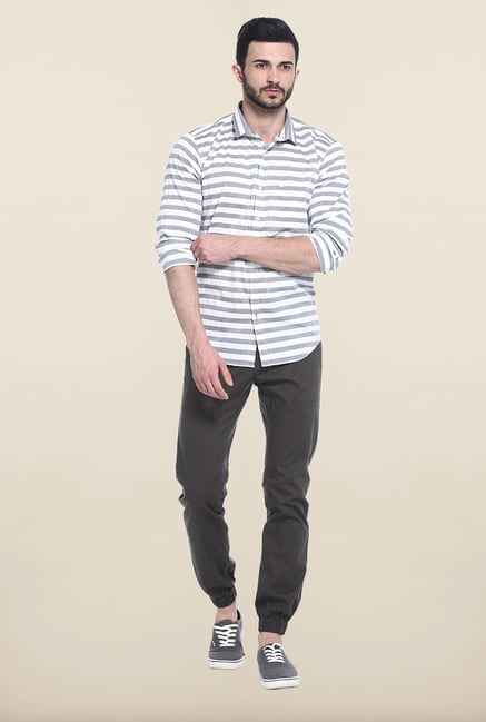 Basics White And Grey Striped Casual Shirt Basics White And Grey Striped Casual Shirt