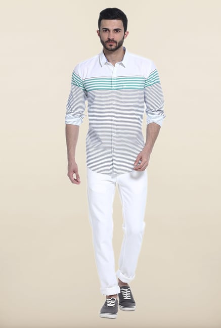 Basics White And Aqua Blue Striped Casual Shirt Basics White And Aqua Blue Striped Casual Shirt
