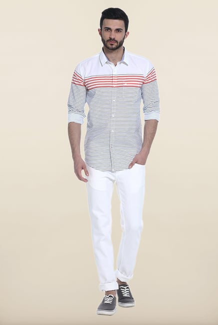 Basics White And Red Striped Casual Shirt Basics White And Red Striped Casual Shirt