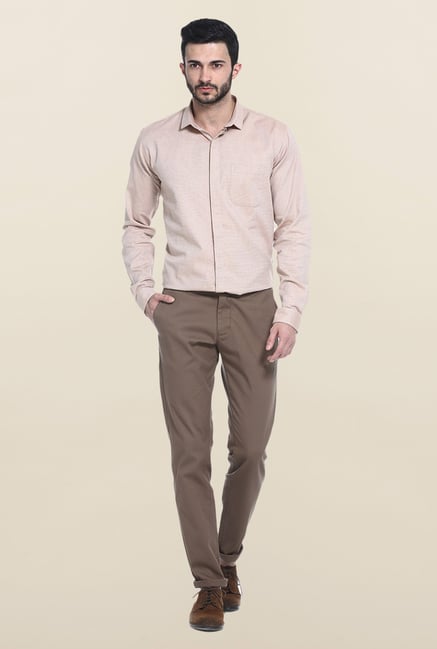 Basics Mid Brown Self Print Cotton Casual Shirt Basics Mid Brown Self Print Cotton Casual Shirt