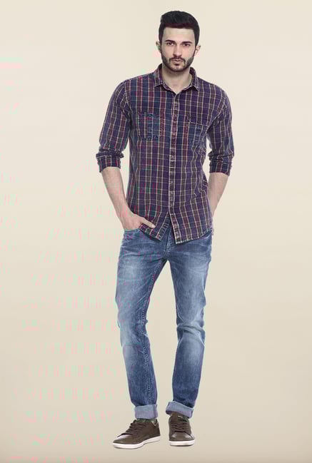 Basics Red And Blue Checks Casual Shirt Basics Red And Blue Checks Casual Shirt
