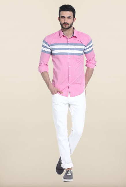 Basics Pink And Grey Striped Cotton Casual Shirt Basics Pink And Grey Striped Cotton Casual Shirt