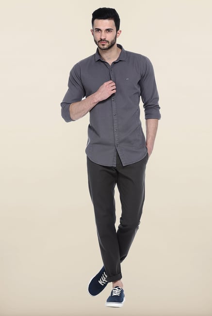 Basics Grey Solid Slim Fit Casual Shirt Basics Grey Solid Slim Fit Casual Shirt