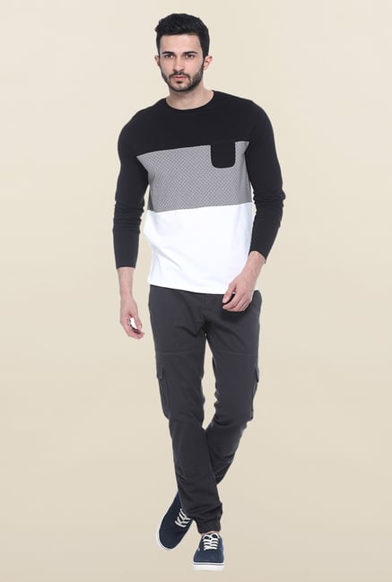 Basics Black & White Full Sleeves Printed T-Shirt Basics Black & White Full Sleeves Printed T-Shirt