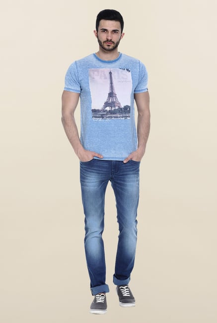 Basics Blue Printed Slim fit T-Shirt Basics Blue Printed Slim fit T-Shirt