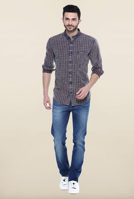 Basics Orange And Navy Checks Casual Shirt Basics Orange And Navy Checks Casual Shirt