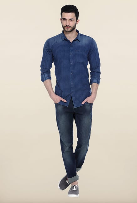 Basics Blue Cotton Slim Fit Casual Shirt Basics Blue Cotton Slim Fit Casual Shirt