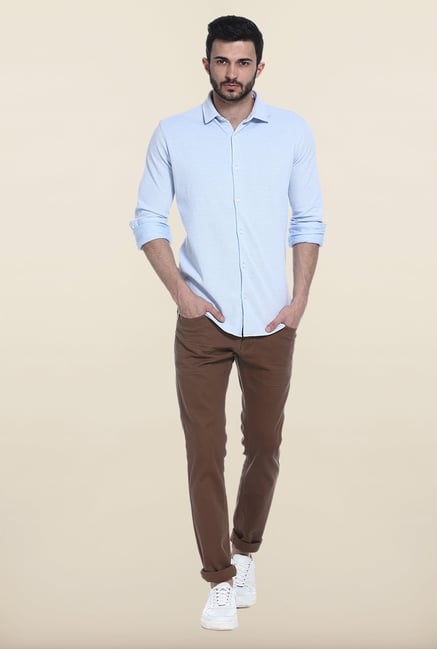 Basics Sky Blue Solid Cotton Casual Shirt Basics Sky Blue Solid Cotton Casual Shirt
