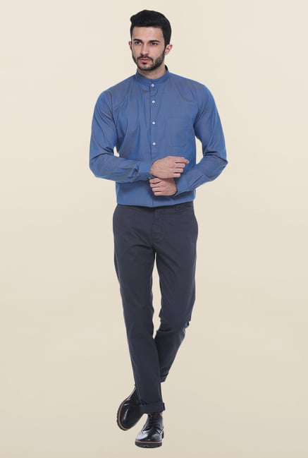Basics Blue Printed Mandarin Collar Shirt Basics Blue Printed Mandarin Collar Shirt