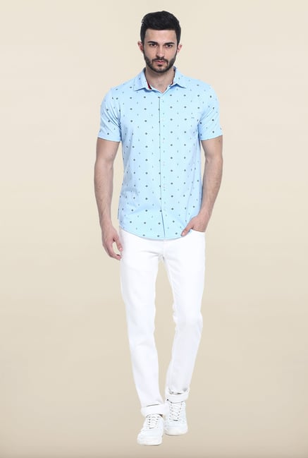 Basics Aqua Blue Self Print Casual Shirt Basics Aqua Blue Self Print Casual Shirt