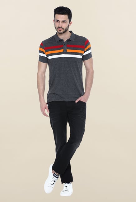 Basics Dark Grey Stripes Polo T-Shirt Basics Dark Grey Stripes Polo T-Shirt