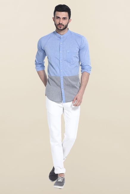 Basics Blue And Grey Solid Casual Shirt Basics Blue And Grey Solid Casual Shirt