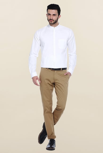 Basics White Slim Fit Cotton Mandarin Collar Shirt Basics White Slim Fit Cotton Mandarin Collar Shirt