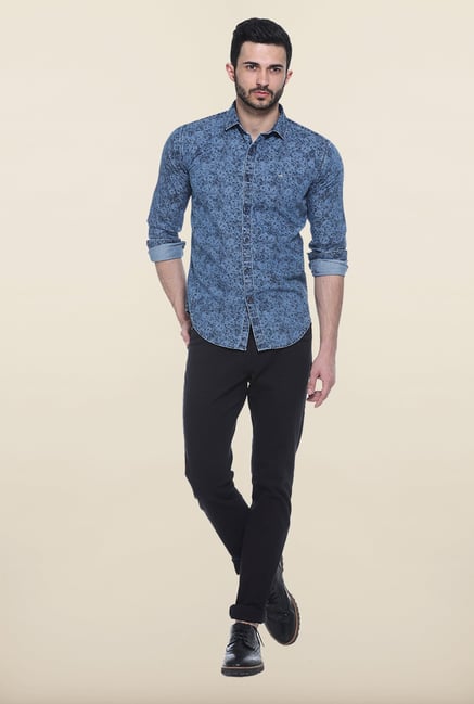 Basics Blue Printed Casual Shirt Basics Blue Printed Casual Shirt