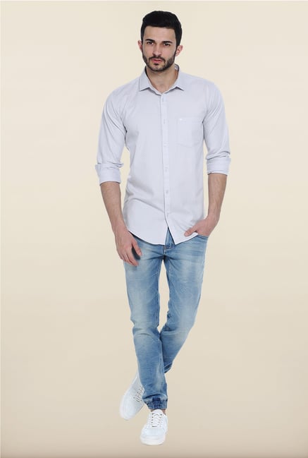 Basics Light Grey Solid Cotton Casual Shirt Basics Light Grey Solid Cotton Casual Shirt