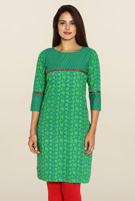 Soch Green Floral Print Cotton Kurti Soch Green Floral Print Cotton Kurti