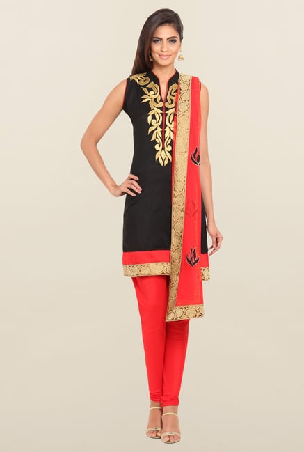 Soch Black & Red Chanderi Silk Churidar Suit Set Soch Black & Red Chanderi Silk Churidar Suit Set
