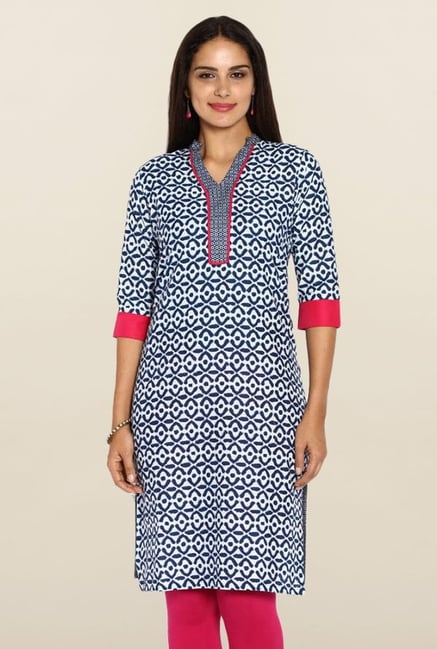 Soch Royal Blue & White Printed Kurti Soch Royal Blue & White Printed Kurti