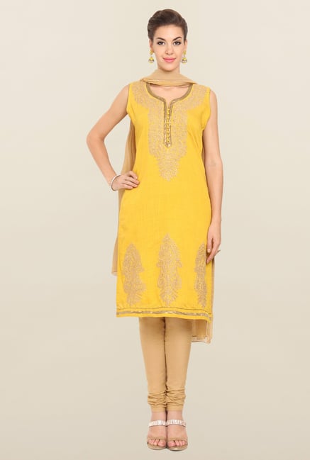 Soch Mustard Yellow & Gold-Toned Churidar Suit Set Soch Mustard Yellow & Gold-Toned Churidar Suit Set