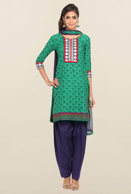 Soch Green & Navy Blue Cotton Churidar Suit Set Soch Green & Navy Blue Cotton Churidar Suit Set