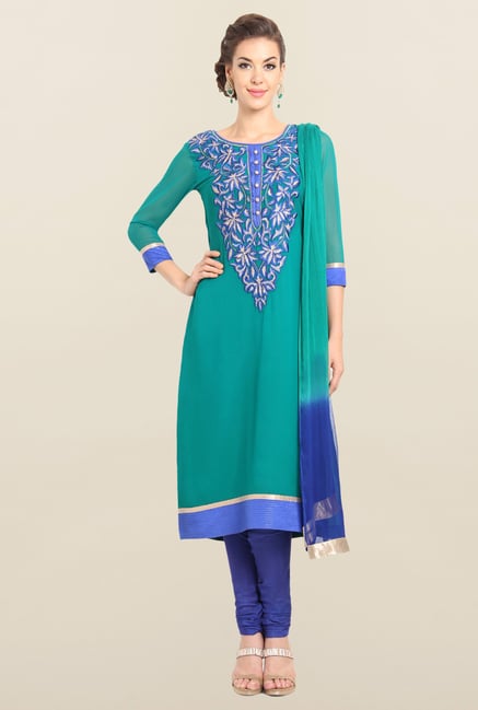 Soch Emerald Green & Royal Blue Georgette Churidar Suit Set Soch Emerald Green & Royal Blue Georgette Churidar Suit Set