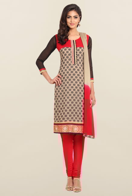 Soch Beige & Red Chiffon Churidar Suit Set Soch Beige & Red Chiffon Churidar Suit Set