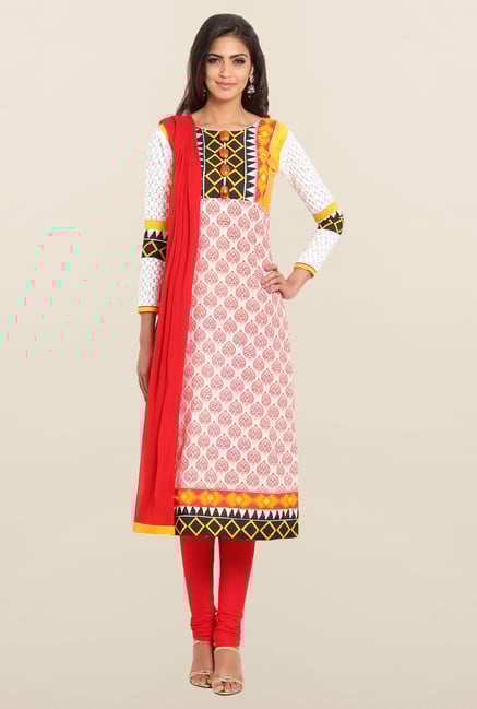Soch Red & Yellow Block Printed Churidar Suit Set Soch Red & Yellow Block Printed Churidar Suit Set