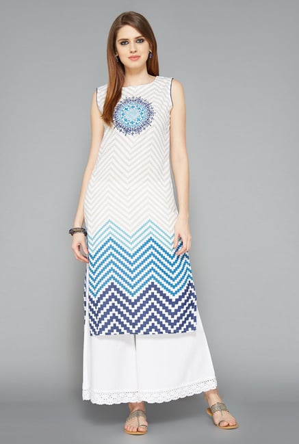 Utsa Blue Zig-Zag Printed Long Kurta Utsa Blue Zig-Zag Printed Long Kurta