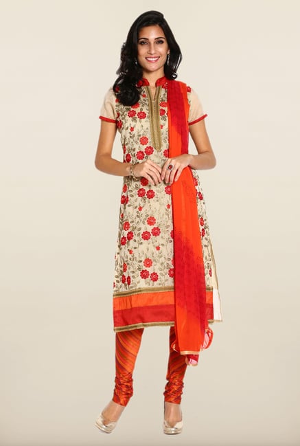 Soch Beige & Orange Embroidered Dress Material Soch Beige & Orange Embroidered Dress Material