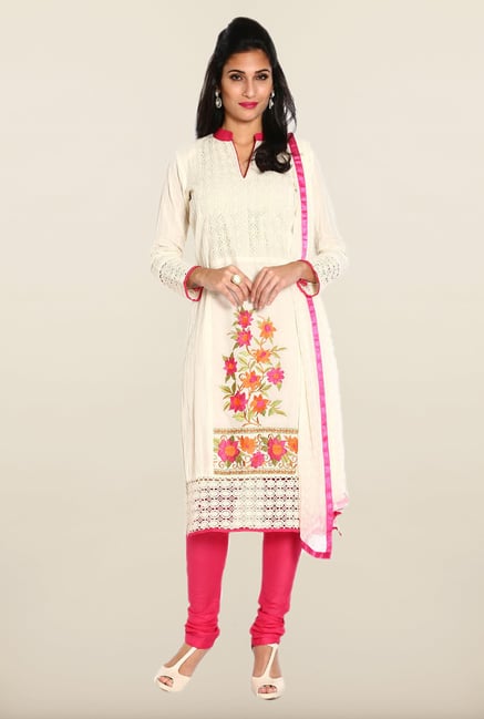 Soch Off White & Pink Embroidered Cotton Dress Material Soch Off White & Pink Embroidered Cotton Dress Material