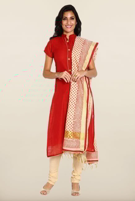 Soch Red & Cream Solid Dress Material Soch Red & Cream Solid Dress Material
