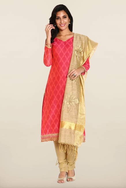 Soch Pink & Beige Block Print Dress Material Soch Pink & Beige Block Print Dress Material