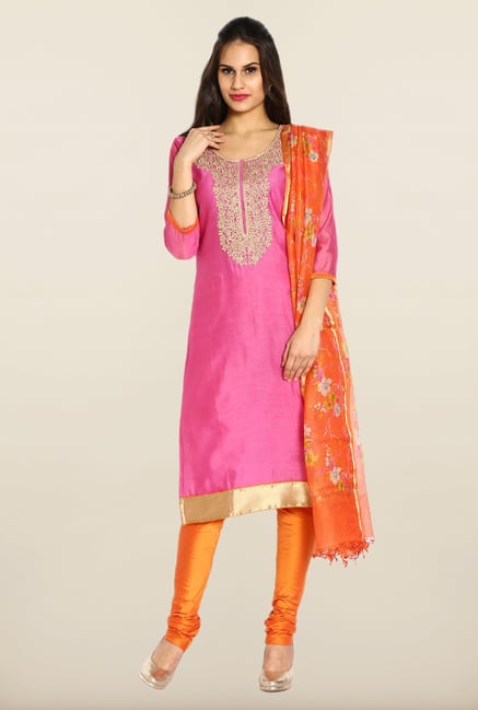 Soch Pink & Orange Embroidered Chanderi Silk Dress Material Soch Pink & Orange Embroidered Chanderi Silk Dress Material