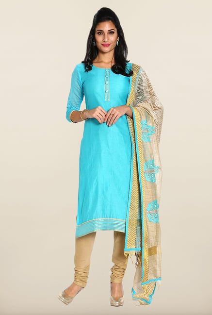 Soch Sky Blue & Beige Solid Dress Material Soch Sky Blue & Beige Solid Dress Material