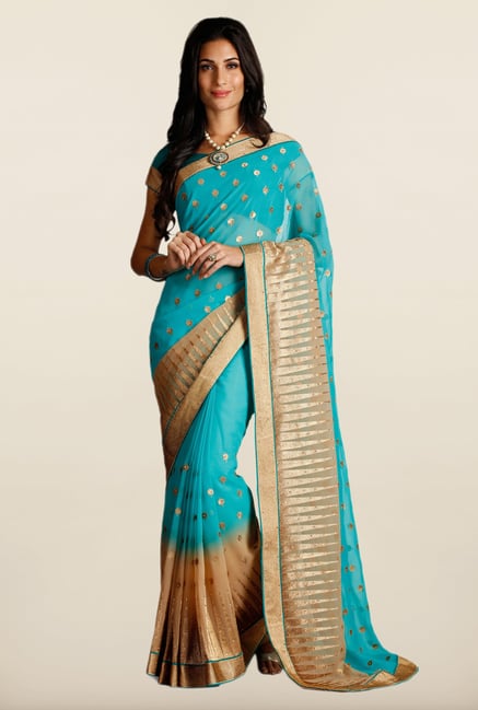 Soch Teal & Beige Embroidered Chiffon Saree Soch Teal & Beige Embroidered Chiffon Saree
