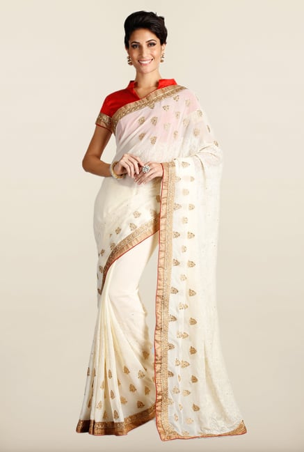 Soch Off White & Red Chiffon Saree Soch Off White & Red Chiffon Saree