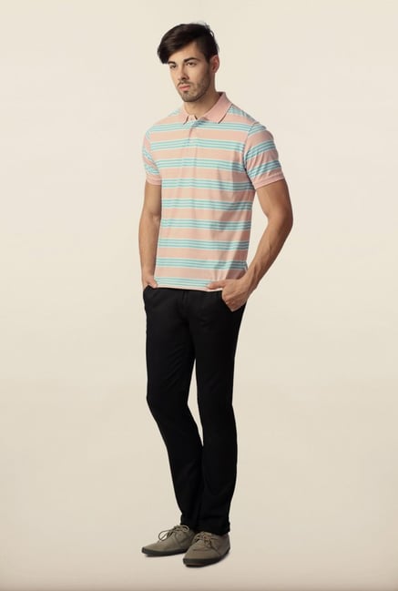 Peter England Peach & Blue Striped Polo T-Shirt Peter England Peach & Blue Striped Polo T-Shirt