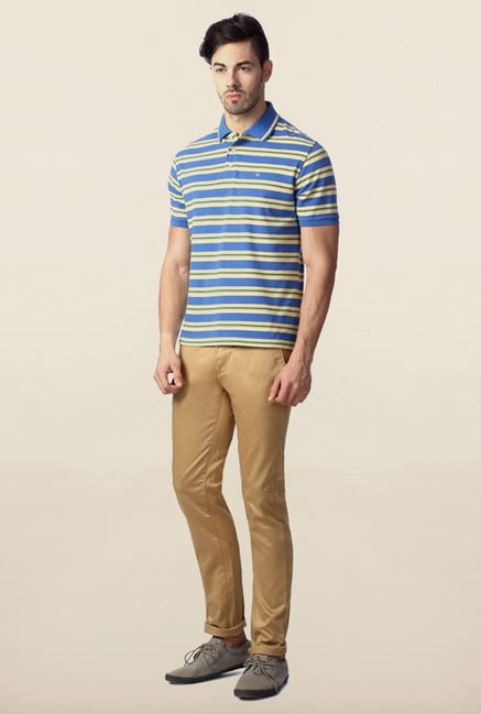 Peter England Blue & Yellow Striped Polo T-Shirt Peter England Blue & Yellow Striped Polo T-Shirt