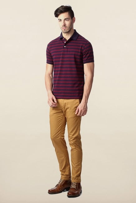 Peter England Maroon & Navy Striped Polo T-Shirt Peter England Maroon & Navy Striped Polo T-Shirt